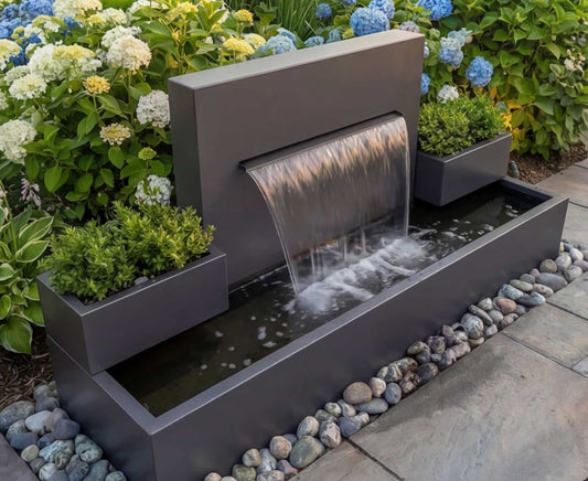 Fuente de Acero con Cascada y Jardineras Simétricas