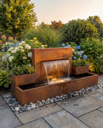 Fuente de Acero Corten con Cascada y Jardineras Simétricas