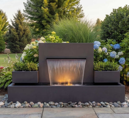 Fuente de Acero con Cascada y Jardineras Simétricas